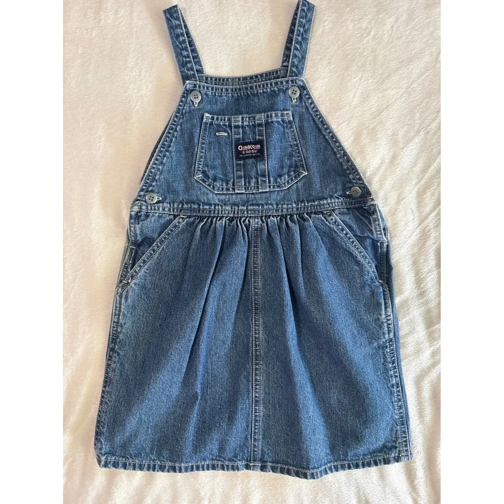 Vintage OshKosh Bgosh Girls Blue Denim Overall Jumper Dress Size 5 922-7004
